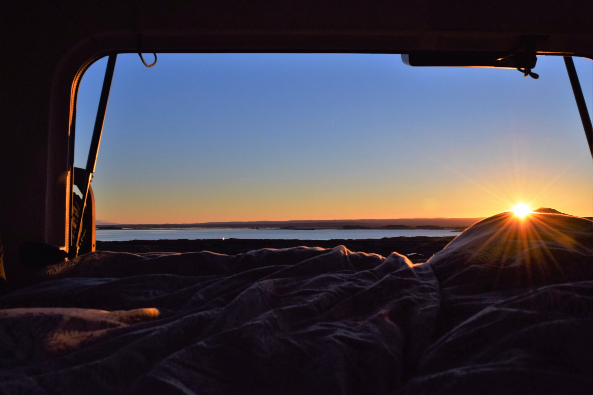 Sunset over Lake Mývatn from the campervan