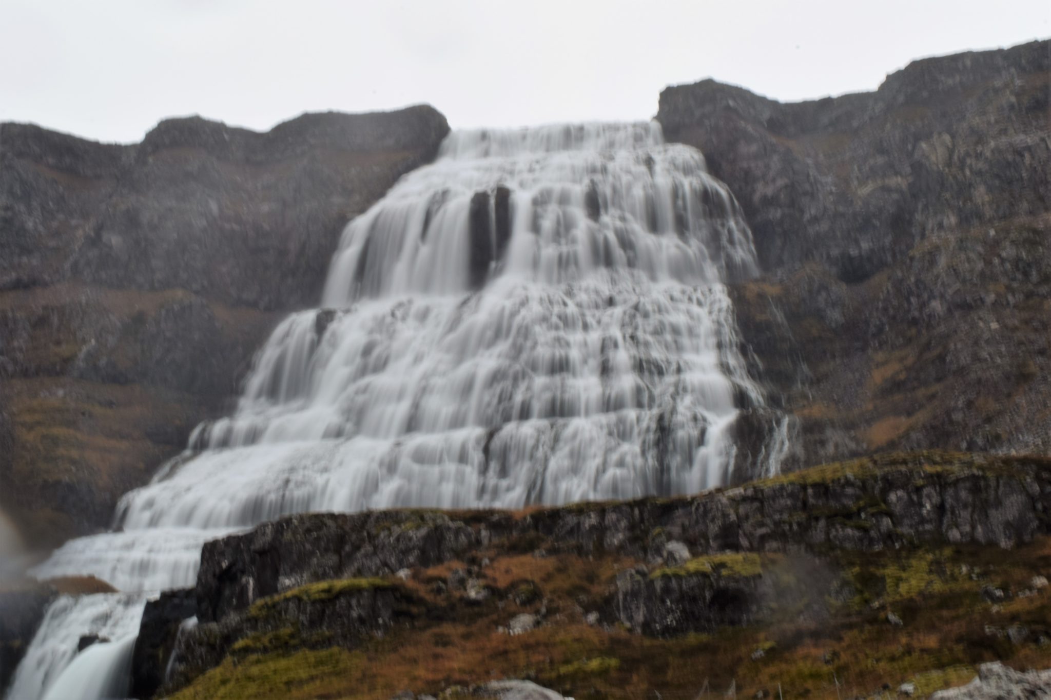 Dynjandi waterfall in the Westfjords on a rainy day
