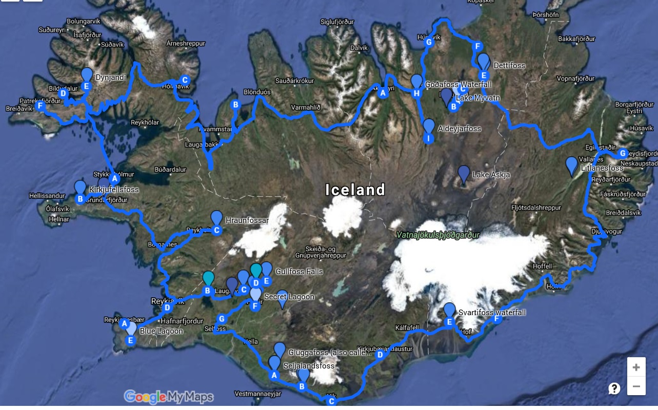 Our actual route for the Iceland road trip